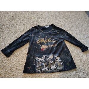 USA Made Cactus Bay Believe Christmas Village Santa Sleigh Long Sleeve Tee M